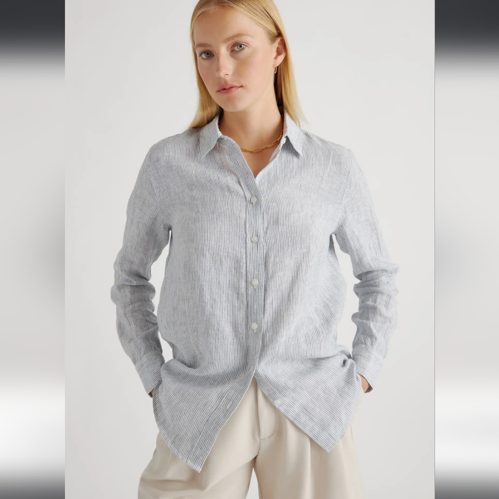 Quince 100% European Linen Stripe button down shirt Sz Medium
